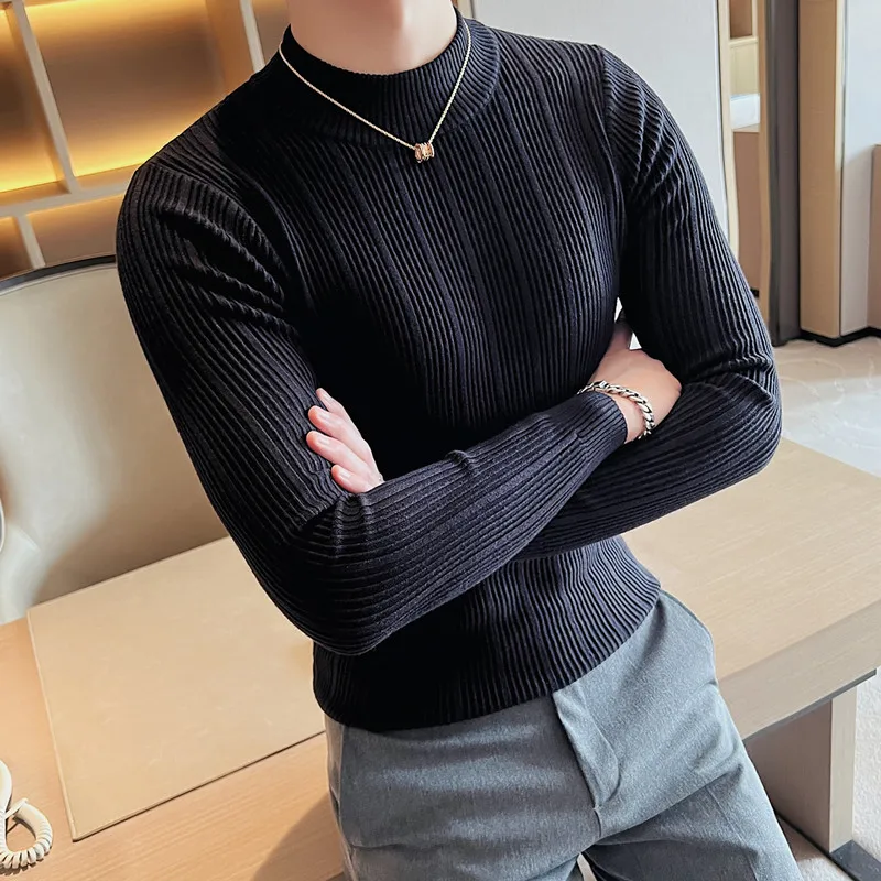 남성용 슬림핏 터틀넥 니트 스웨터, 슬림핏 의류, 캐주얼 스트라이프 풀오버, 올매치 따뜻한 상의, 2023 패션, 가을 신상