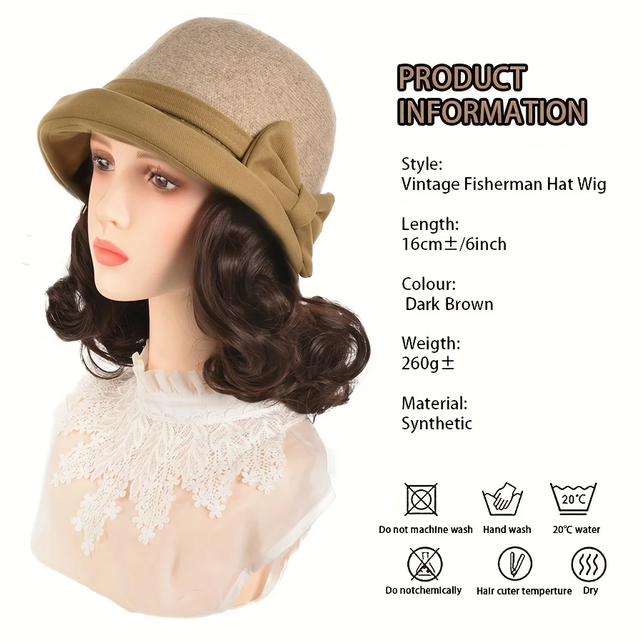 Warmth Retro Fisherman Hat Wig - Women'S Curly Wave Synthetic Wig, Elegant Vintage Hairstyle for Everyday, Party, Formal Events