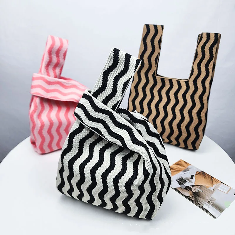 Wavy Striped Handmade Knit Handbag Women Mini Knot Wrist Bag Japanese Wide Stripe Plaid Tote Student Reusable Shopping Lunch Bag