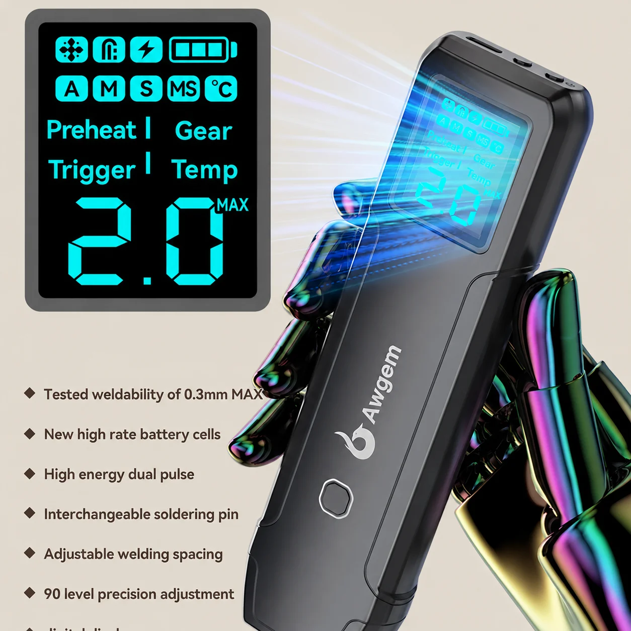 Awgem Portable Spot Welder DIY Handheld Spot Welding Machine 90 Gears Adjustable Spot Welding for 18650 Lithium Battery