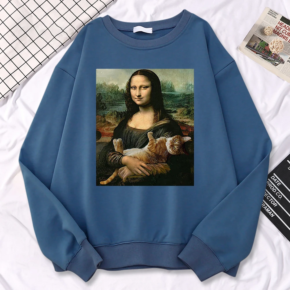 Trend Simple Woman Sweatshirt Famous Painting Mona Lisa Hold Cat Creativity Print Hoodies Fleece Soft Pullovers Loose Warm Tops