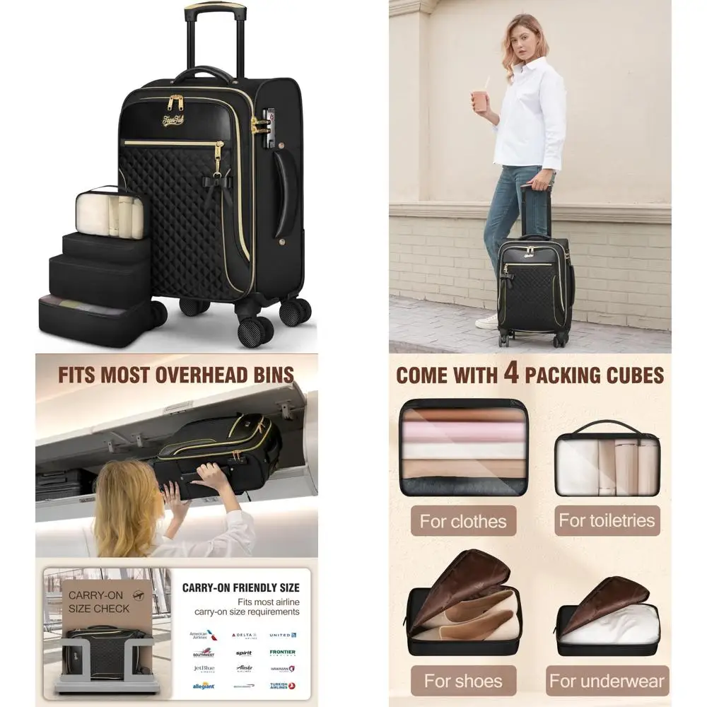 

Легкий 20-дюймовый женский комплект ручной клади Softside с замком TSA, коллекция чемоданов из 4 предметов, одобренный авиакомпанией, путешествия