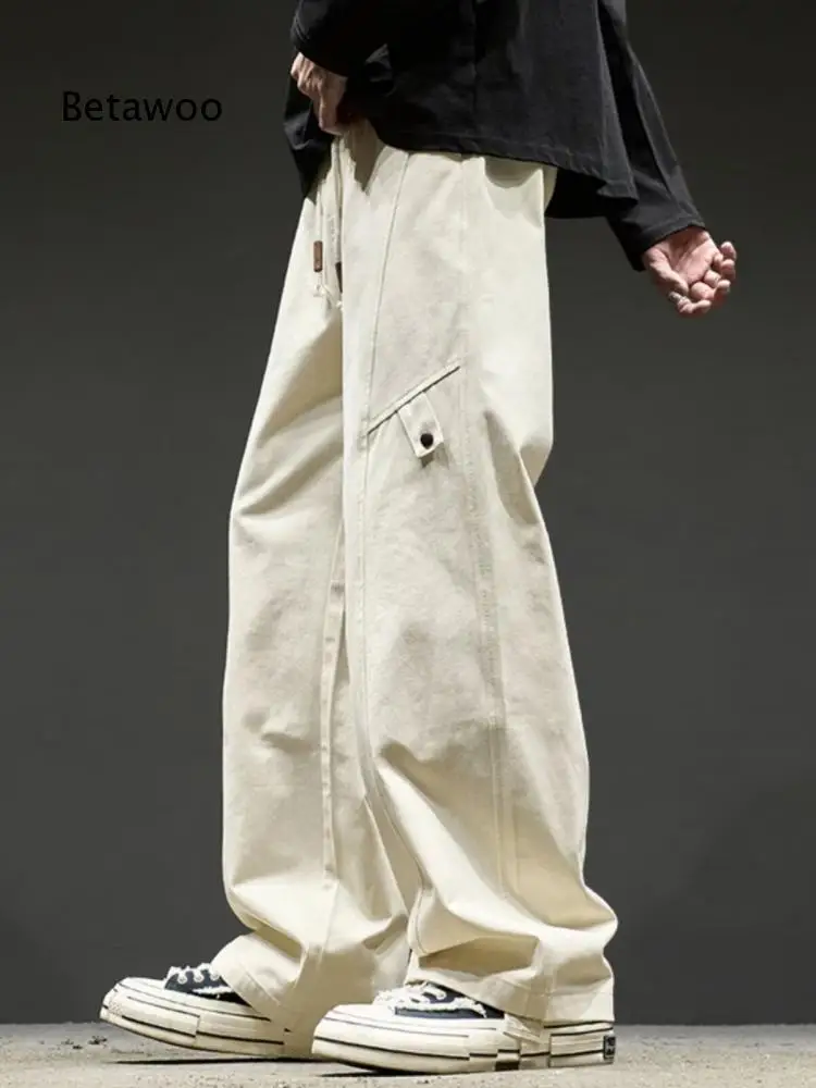 Men Relaxed Straight Wide Leg Pants Minimal Pocket Detail Drawstring Waist Casual Trousers For Matching Different Style Tops