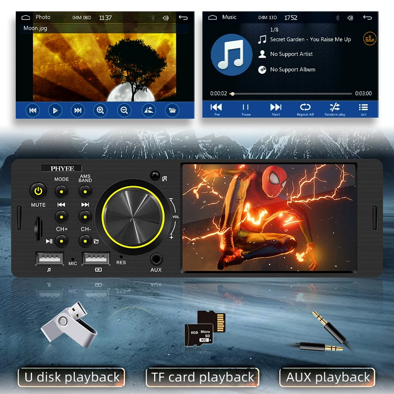 PHYEE 1 Din CarPlay Autoradio مع Android-Auto اللاسلكي، Bluetooth 5.0، RDS FM AM، USB/TF/AUX، وحدة رأس راديو السيارة 4 بوصة F7805WR