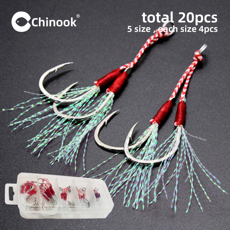 Chinook 10/20pcs Slow Jigging Twin/single braided Assist Cast Jig Assist Hook High Carbon Steel Thread Feather Sea Pesca