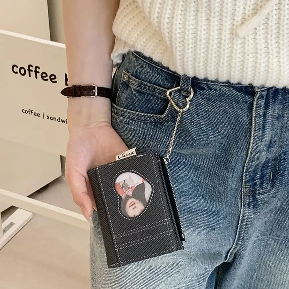 Gifts PU Short Wallet Metal Chain Heart Window Card Holder Wallet Snap Closure Women Wallets