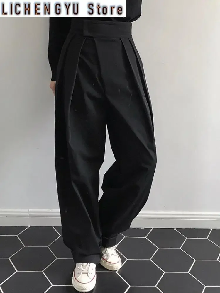 

High Waist Black Pleated Long Asymmetric Wide Leg Pants New Loose Fit Trousers Women Fashion Spring Autumn