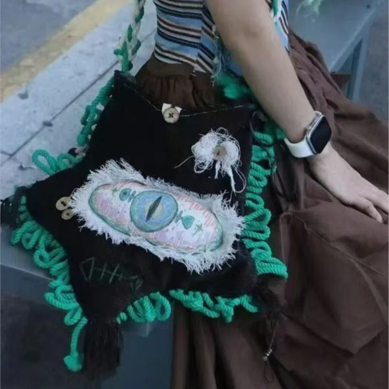 

Черная пятиугольная дизайнерская сумка через плечо с цветными блоками, женская сумка через плечо в стиле панк с кисточками и веревкой, большая вместительная женская сумка через плечо в стиле Харадзюку