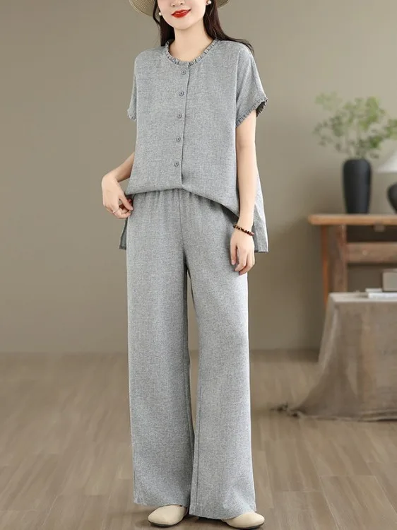

Fashionable Cotton Linen Set Single Button Short Sleeve Shirt Casual Wide Leg Pants Two Piece Set Women Summer 2026