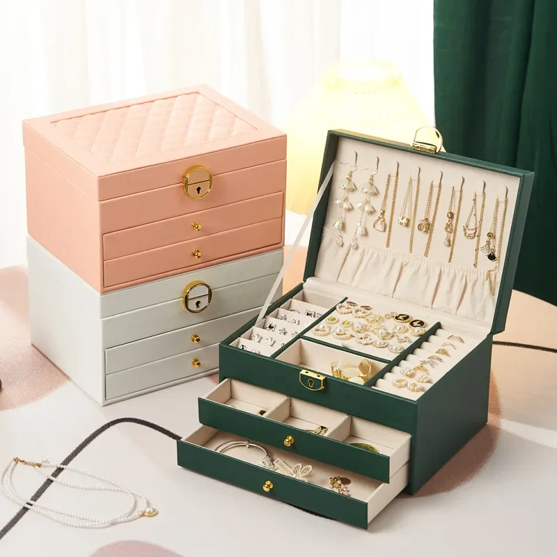 

3 Layer Rhombic Drawer Jewelry Storage Box with Lock for Necklace Ring Earring Organizer Display For Case
