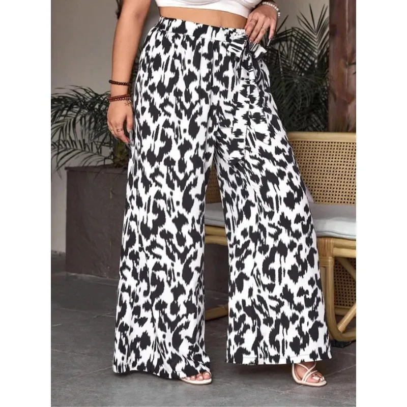 حجم كبير 1XL-5XL المرأة الصيف عارضة أزياء جديدة مطبوعة واسعة الساق مرونة الخصر السراويل