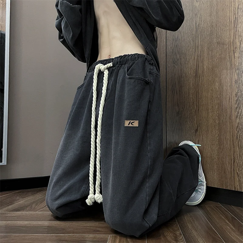 Korean Fashion Drawstring Jeans Homme Classic Baggy Straight Wide Leg Denim Pants 2024 Spring Streetwear Unisex Women's Trousers