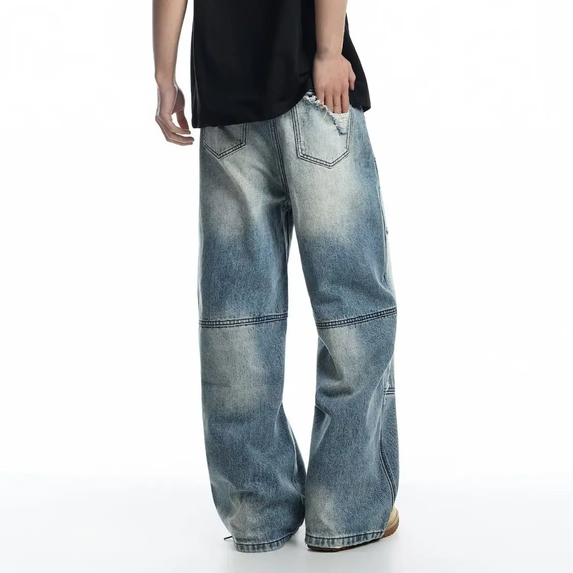 Men's Ripped Patch Blue Jeans Casual Pants Summer Street Sweatpants Young Boy Bottom Male High Waist Y2k Cool Trousers