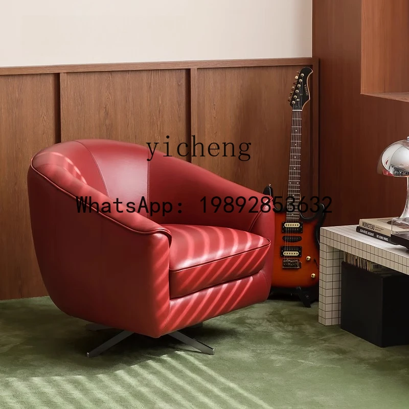360 Degree Rotatable Full Genuine Leather Stainless Steel Single Sofa Lounge Chair