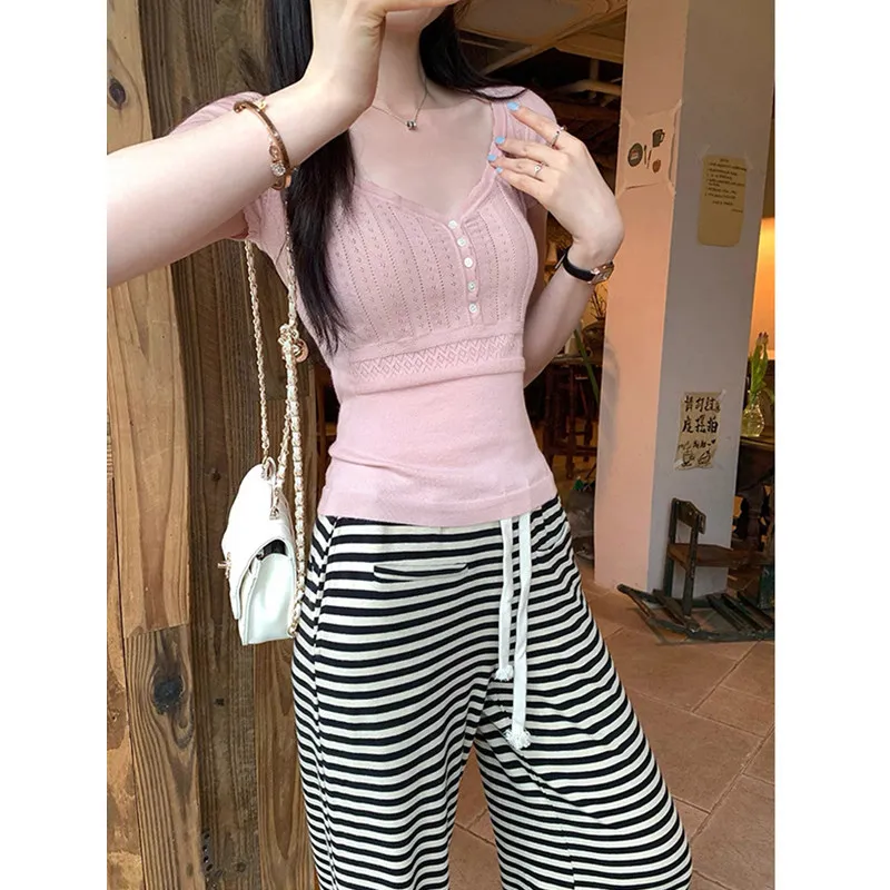 Pink Button V-Neck Knitted Sweater Spice Girls T-shirt Summer All-match Tee short-sleeved clothes vacation top Streetwear shirts