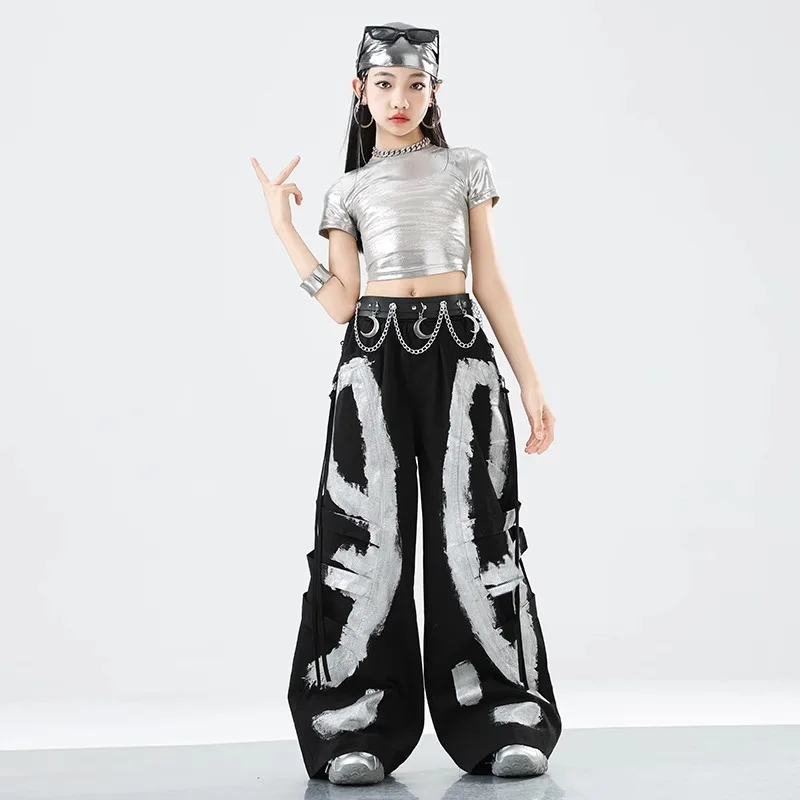 girls-hip-hop-clothes-silver-shiny-tops-loose-graffiti-pants-child-streetwear-kids-group-jazz-dance-costume-set