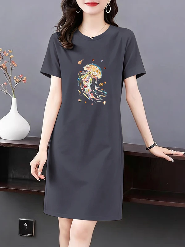 Casual Loose Cotton Dress Top Women's Elegant Outdoor Wear Mid-Length Fashionable Short-Sleeve T-Shirt Summer Cotton Printed