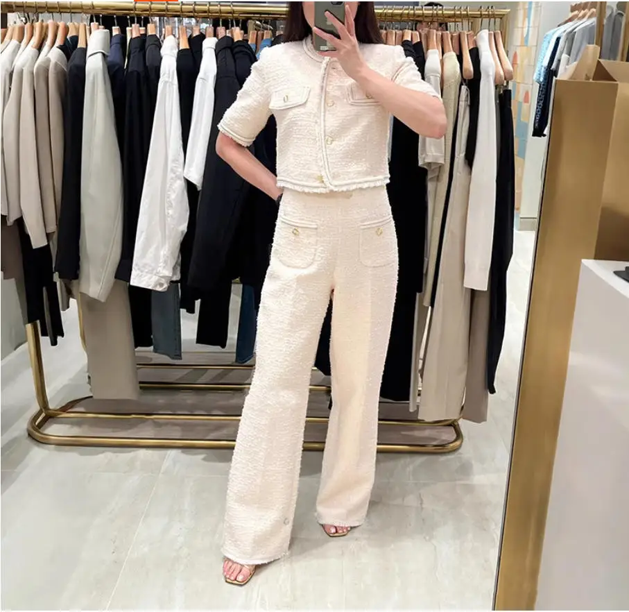 

2025 Women's two-piece trouser suits with short sleeves, short jackets or slim-fitting elegant trousers
