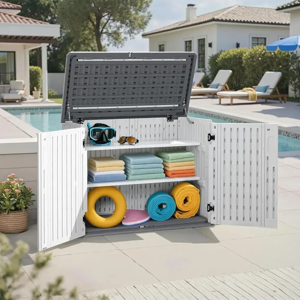 25 Cu. Ft. Small Outdoor Plastic Storage Cabinet with Shelves, Weatherproof Resin Shed with Floor, Lockable Horizontal Storage f