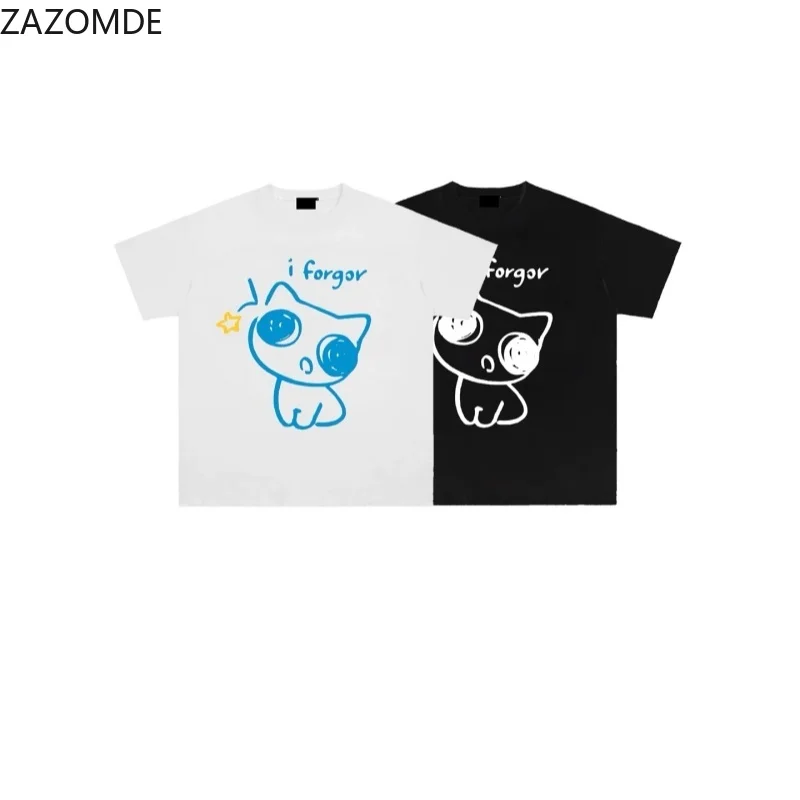 ZAZOMDE Unisex Hand Drawn Cute Cat I Forgor Letter Graphic T Shirt Short Sleeve Tops Casual Aesthetic Streetwear Cotton Tees
