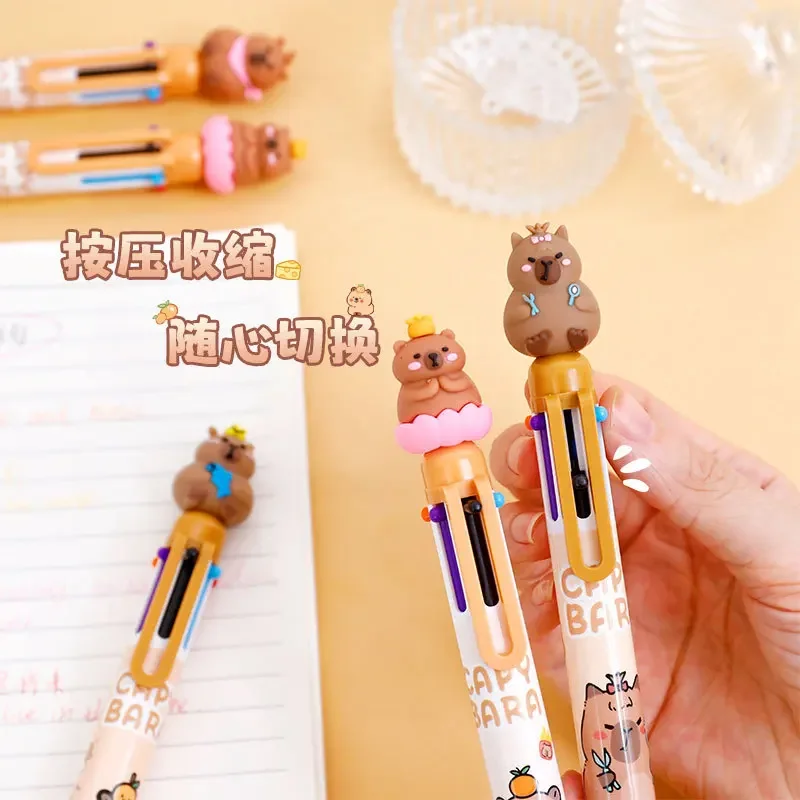 12Pcs Wholesale Kapibara Creative Press Six-Color Ballpoint Pen  Student Cartoon Animal Series Multi-Color Press Stationery Pen