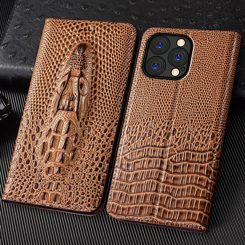 

For Apple iPhone 7 8 Plus X XS XR 11 12 13 14 15 16 16e Pro Max Case Plus Crocodile Head Genuine Leather Flip Phone Cases Cover