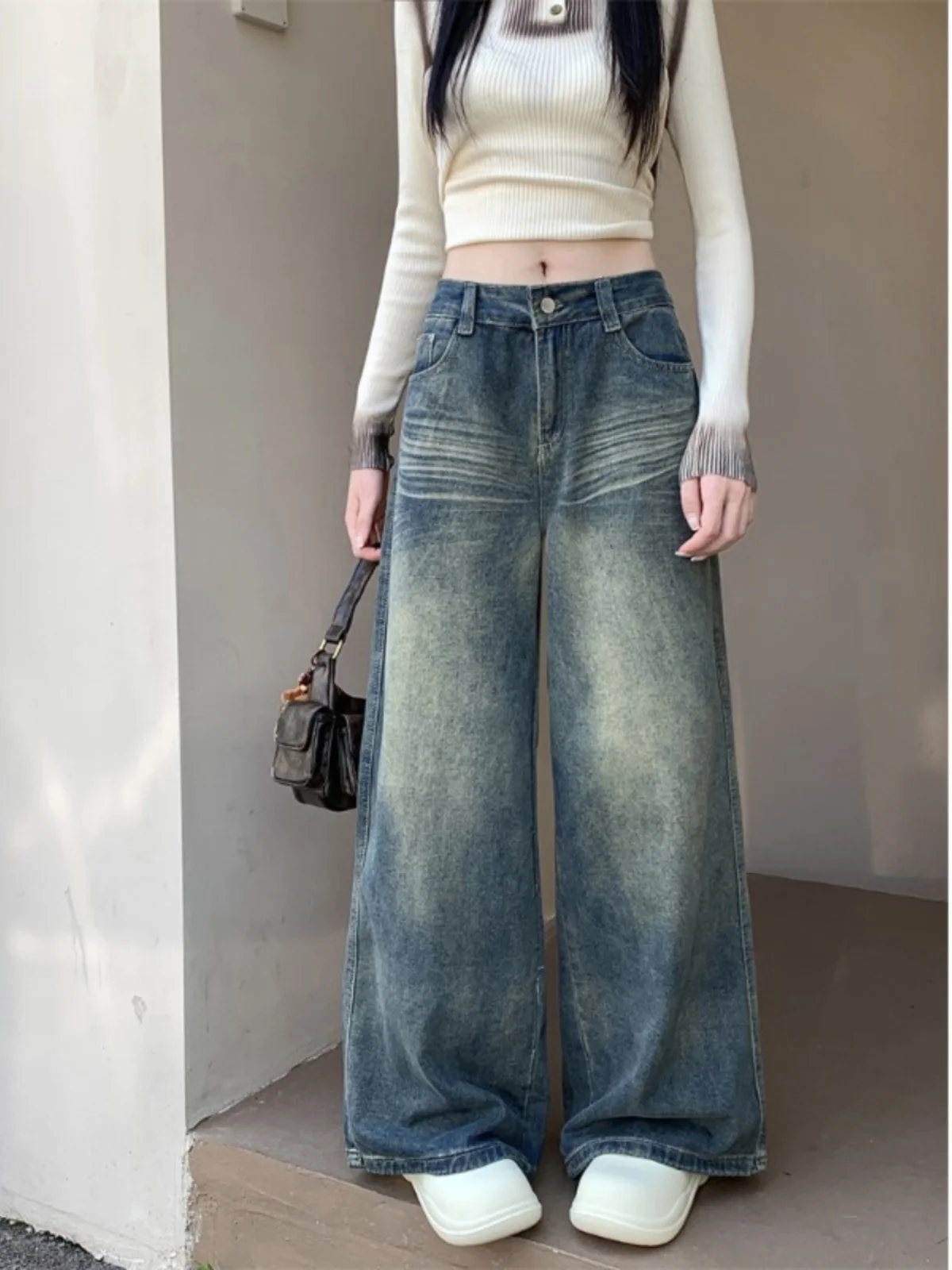 Laagbouw Jeans Y2K 2000S Kleding Gestapeld Ruche Geplooid Gedrapeerd Split Split Asymmetrisch Detail Zijkant Vrouwelijke Denim Broek Mode