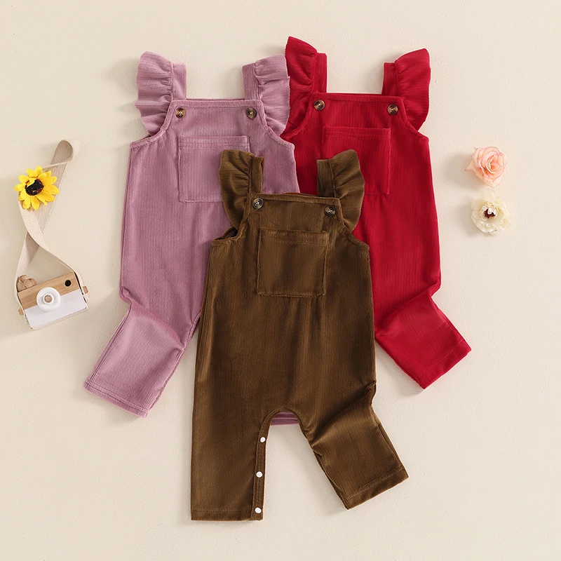 

2024-05-31 Lioraitiin 0-24M Baby Girl Corduroy Overalls Ruffle Trim Square Neck Full Length Jumpsuit with Front Pocket for Fall