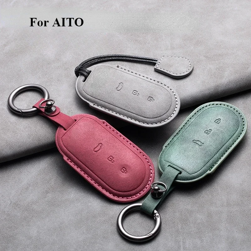 

Leather Car Key Case Cover for AITO M5 M7 2022 M9 2024 3 Buttons Car Remote Key Fob Shell Suede Leather Keychain