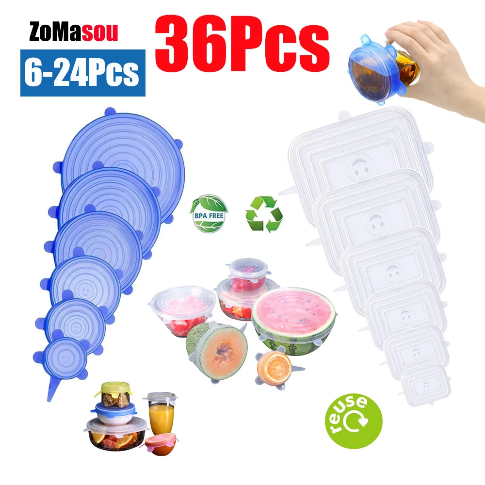 6/12/36PCS Food Silicone Cover Stretch Lids Reusable Airtight Food Cap Wrap Keeping Fresh Seal Bowl Wrap Kitchen Accessories