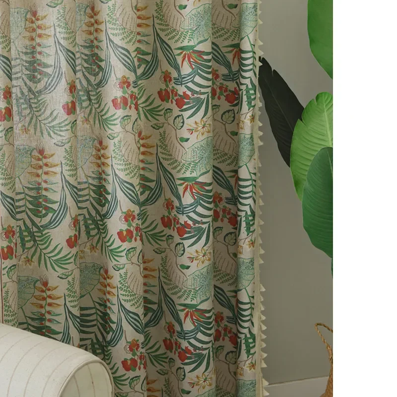 pp1013Green plant imitation cotton and linen semi-shading curtain American country retro tassel curtain fabric finished product