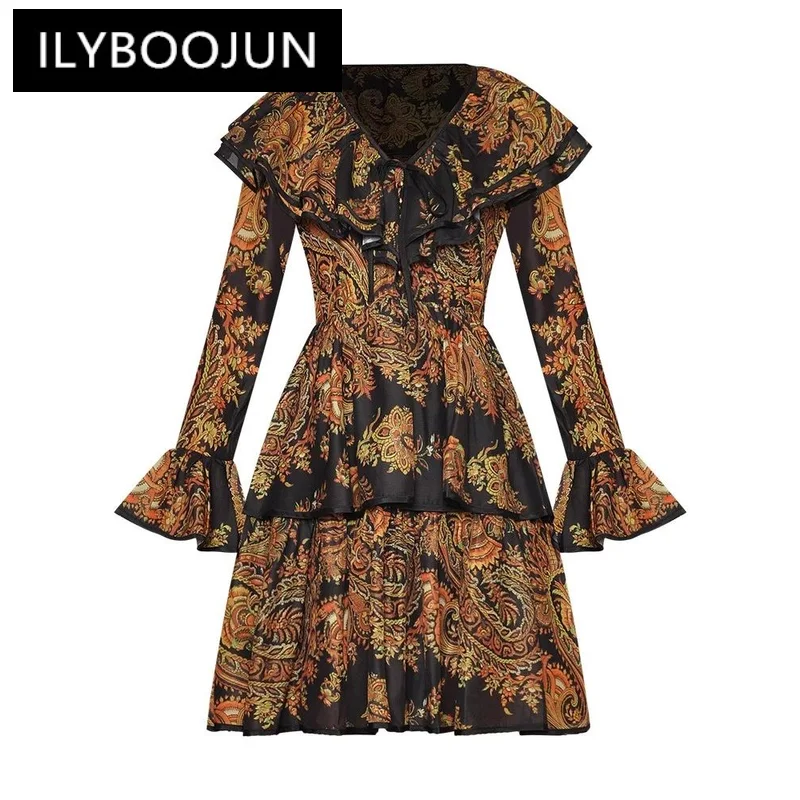 

ILYBOOJUN Fashion Designer Early Autumn Dress Women Lace-up V-Neck Flare Sleeve Ruffle Indie Folk Print Mini Dresses