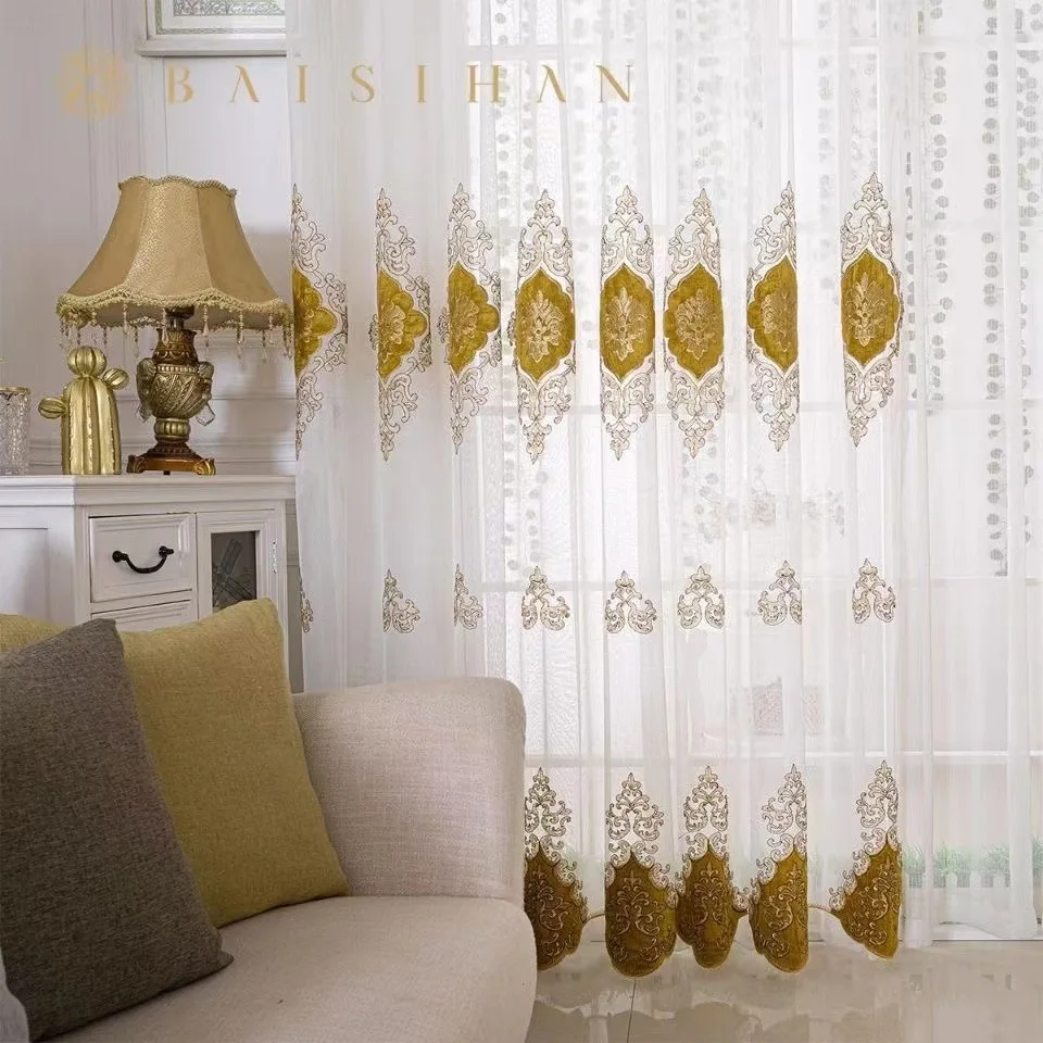 1pc Luxury Flocked Embroidered White Sheer, Gold Vintage Pattern Semi-Transparent Voile, European Court Style Ready-Made Drapes