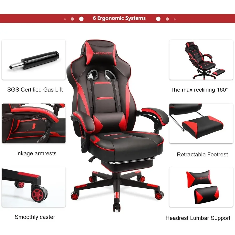 Gaming chair, desk chair, ergonomic gaming chair with footrest, PU leather, high back adjustable swivel lumbar support