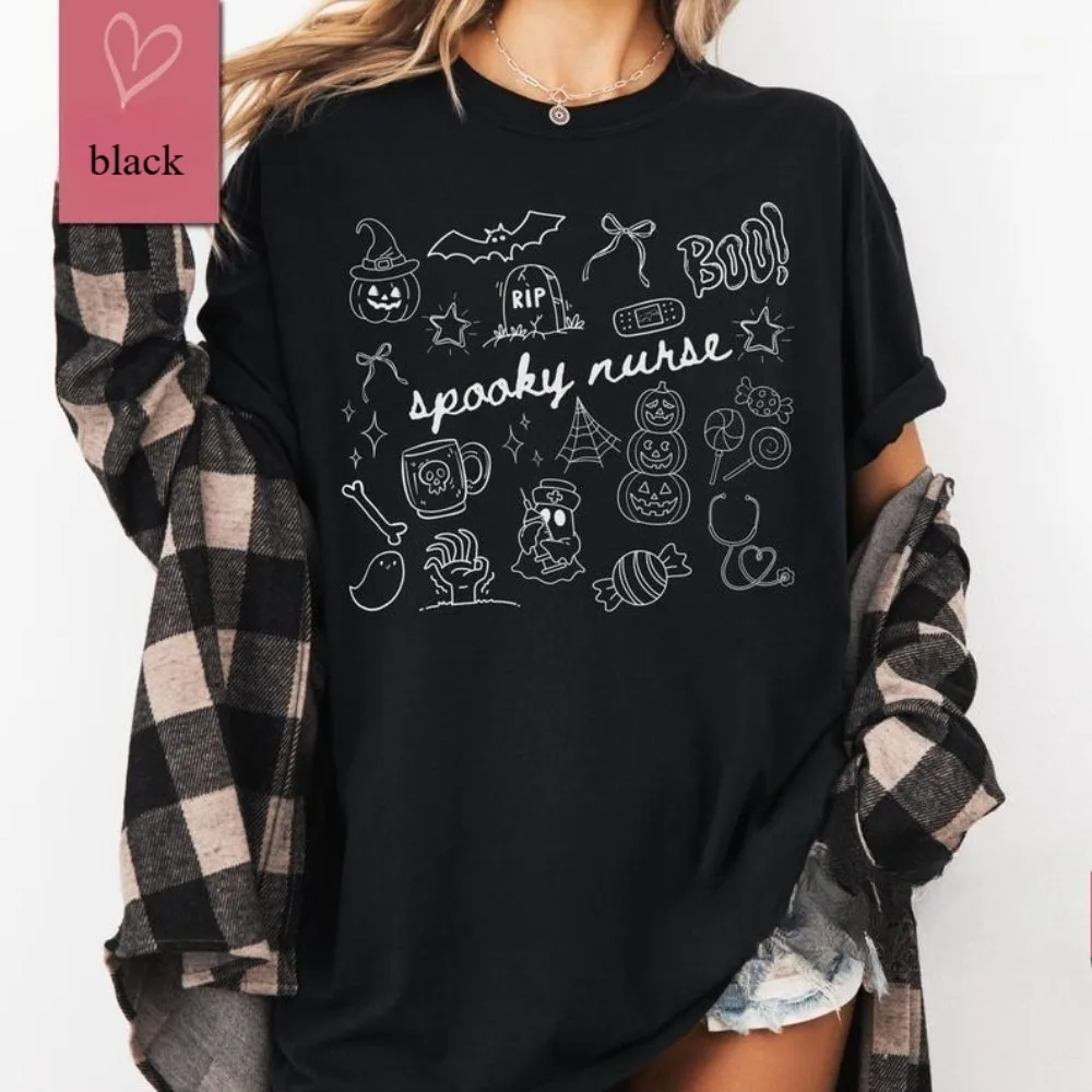 Halloween Spooky Nurse Pumpkin Ghost Printed T-shirt Tops Classic Simple Design Tops  Unisex Trending Street Fashion Cotton Tee