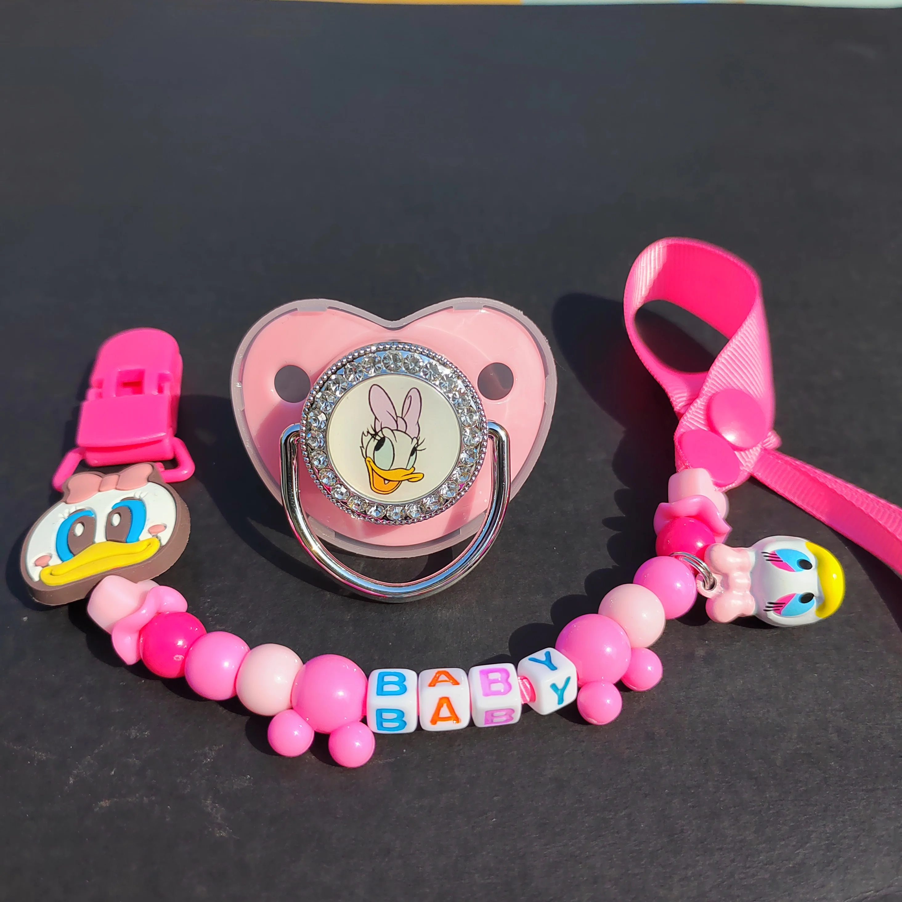 Pink Donald Duck Deluxe Baby pacifier beaded bead clip chain newborn BPA-free silicone pacifier holder fake baby nipple0-24M