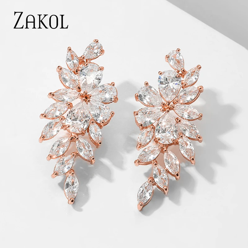 ZAKOL Marquise Cut Flower Zirconia Crystal Long Drop Earrings for Women Shiny Leaf CZ Stone Bridal Wedding Jewelry EP2415