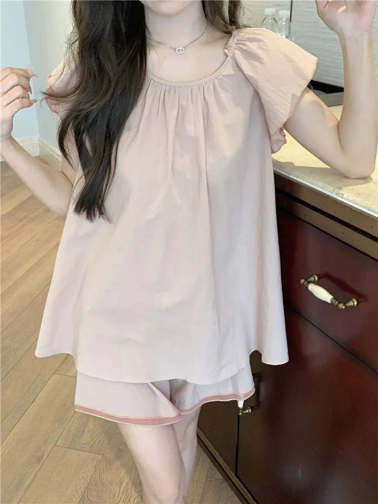 

New Home Soft Simple Sweet Solid Princess Summer Short Sleeve Pajama Set Women Coolness Korean Half Pants Casual Sleepwear Ins