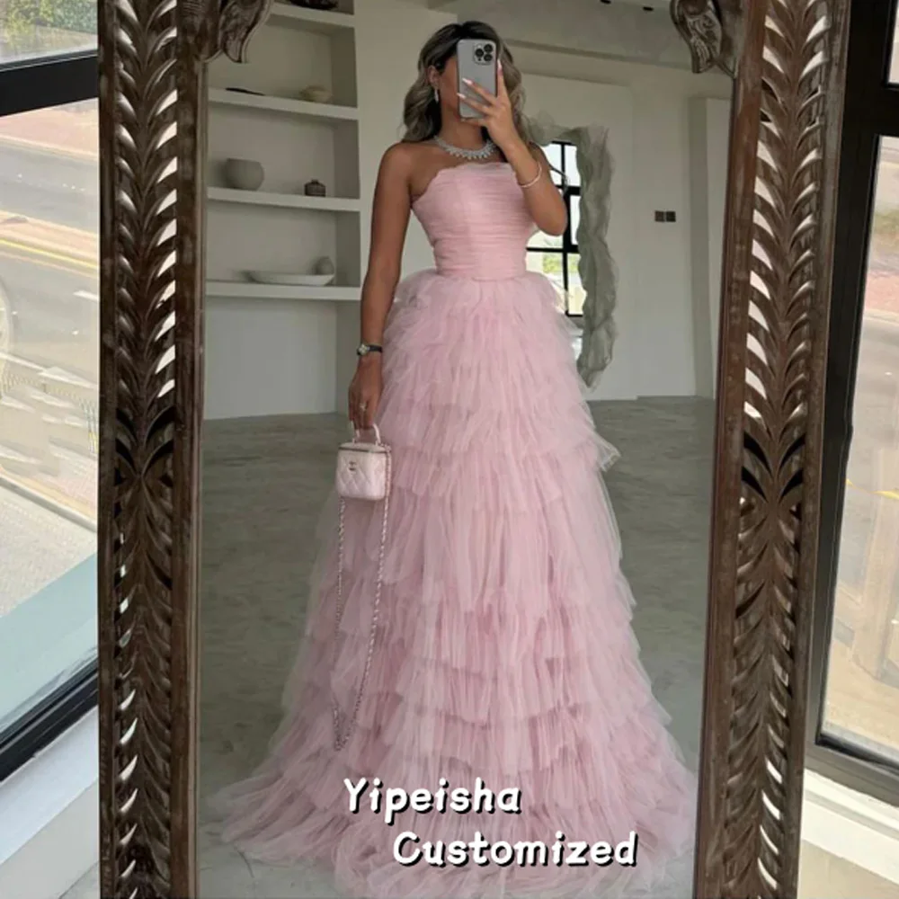 فستان حفلة موسيقية وردي مخصص على شكل حرف a بدون حمالات بطول الأرض وكشكشة فساتين سهرة فاخرة بدون أكمام لحفلات الزفاف #1