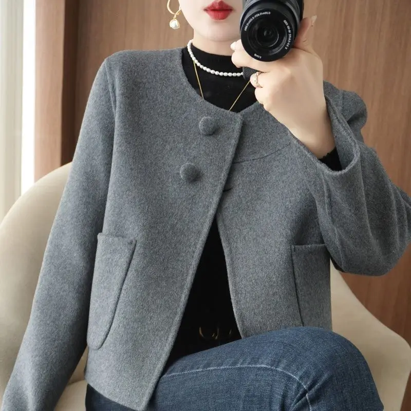 Autumn and Winter New Temperament Round Neck Small Fragrant Double-sided Velvet Coat Women Short Versatile Woolen Woolen Jackets