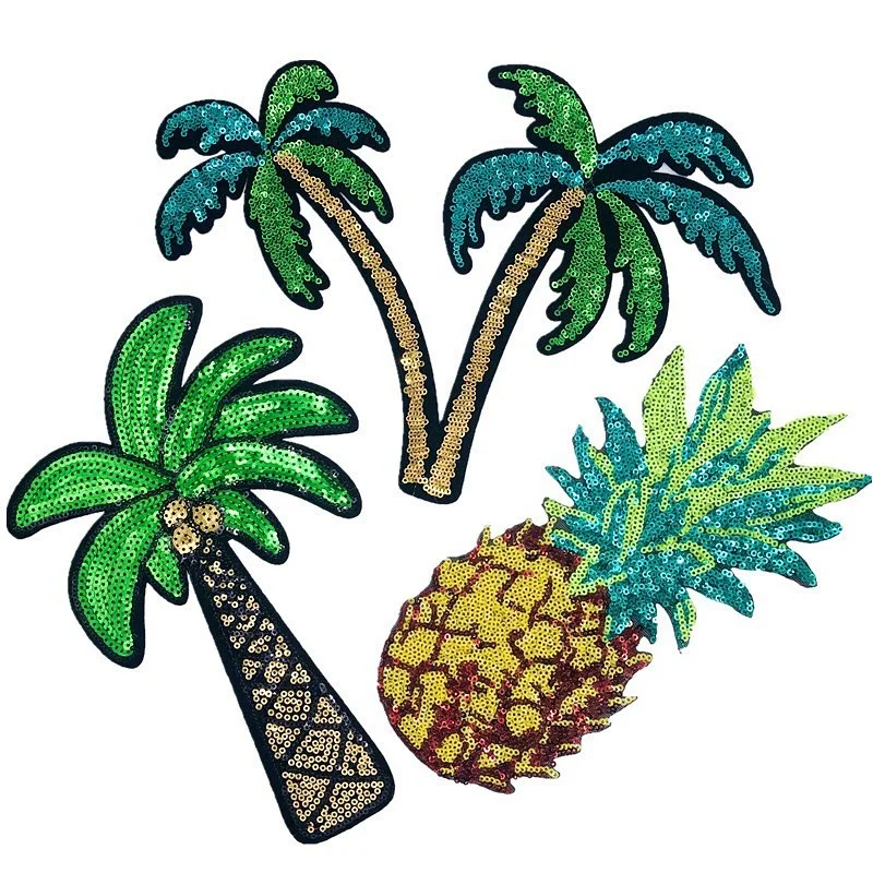 1Pcs Large Sequins Embroidered Cloth Patches Coconut Pineapple Cherry Hot Melt Glue Embroidered Badge Fusible Patch Iron Jackets