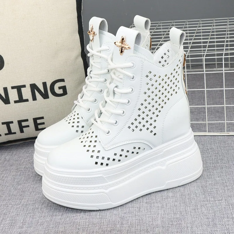 

Invisible Height Increase 12CM White Sandals Spring Thin-Sole Air Cushion Shoes Women's Hollow Sandals Platform Casual boots