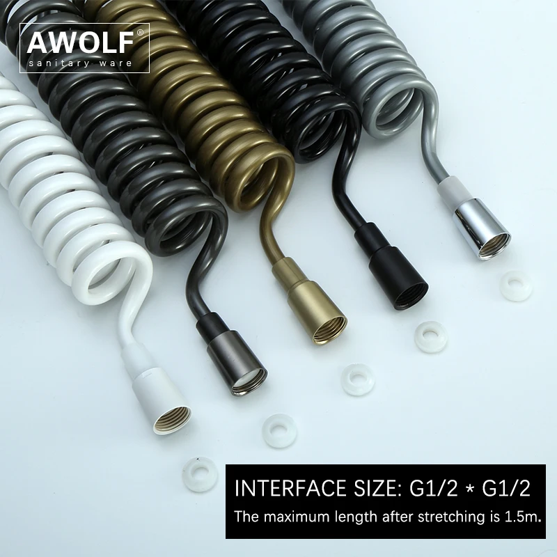 Awolf Silver Grey Telephone Line Shower Hose 1/2 Interface White Bathroom Spring Plumbing Hose Gold 1.5m Black Hose AF6150