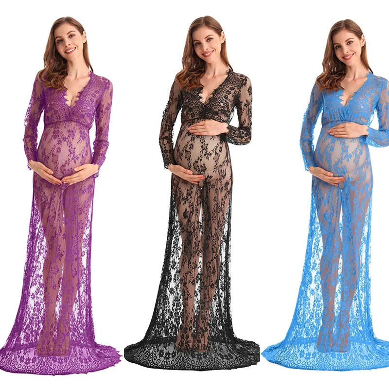 

2023 NEW Boudoir Maternity Long Sleeve Lace Dress Women Deep V-Neck Wedding Party Long Dress Milk Bath Photoshoot Gown