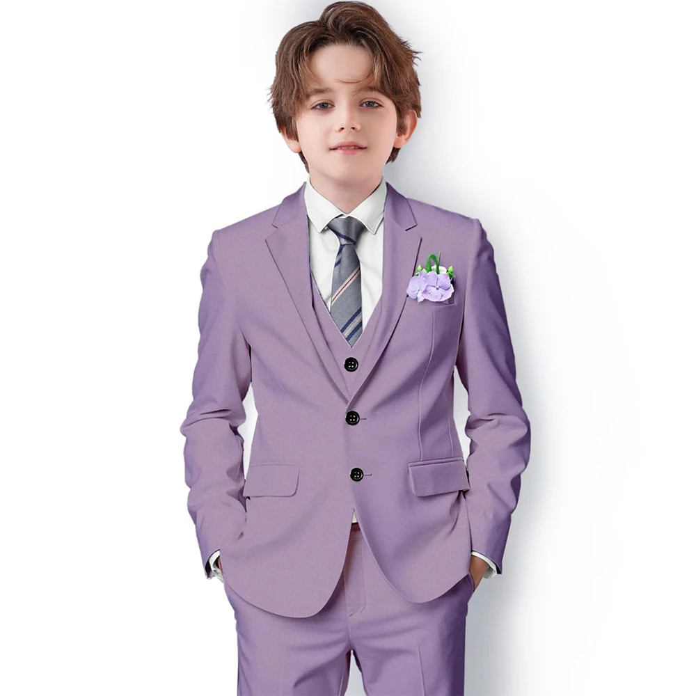 

Elegant Purple Children's Clothing Fashion Single Breasted Notch Lapel Slim Fit 3 Piece Jacket Pants Vest Suits Boy's Blazer