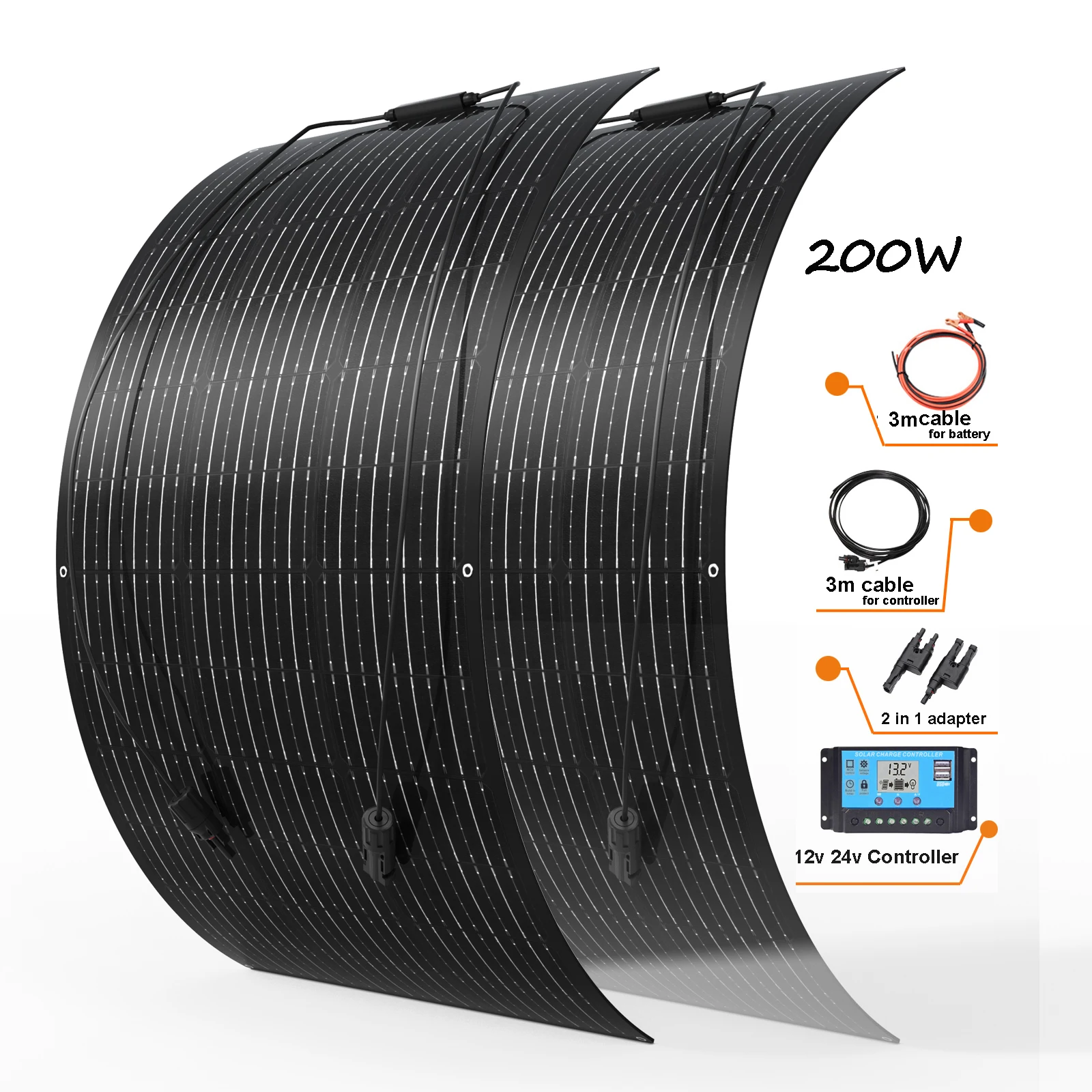 

WUZECK 12V Solar Panel Kit 200W 2pcs 100W Solar panel with 12V 24V 20A controller, extension cable, battery connection cable