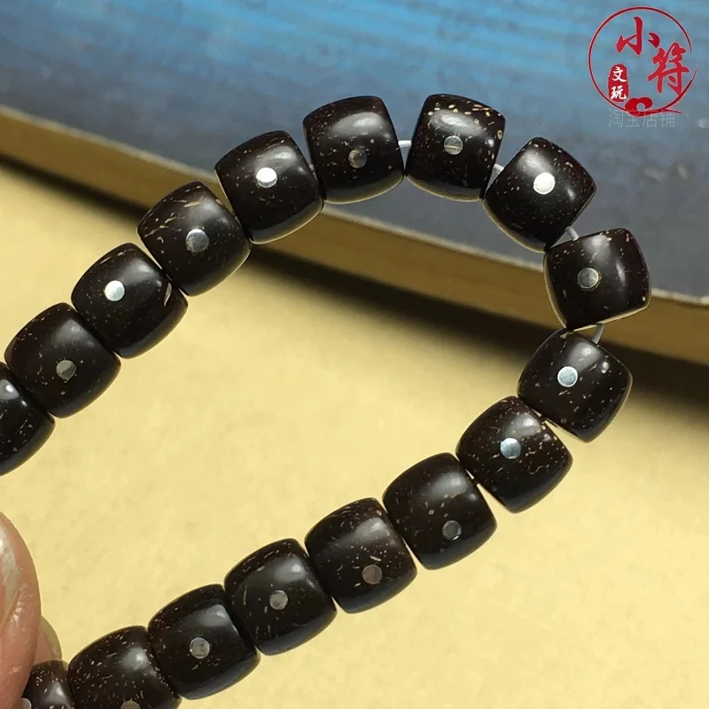 

Coconut Peel Inlaid With Sterling Sier Nails Natural Straight Cut Barrel Single Circle Hand String Buddha Beads Handmade Men's