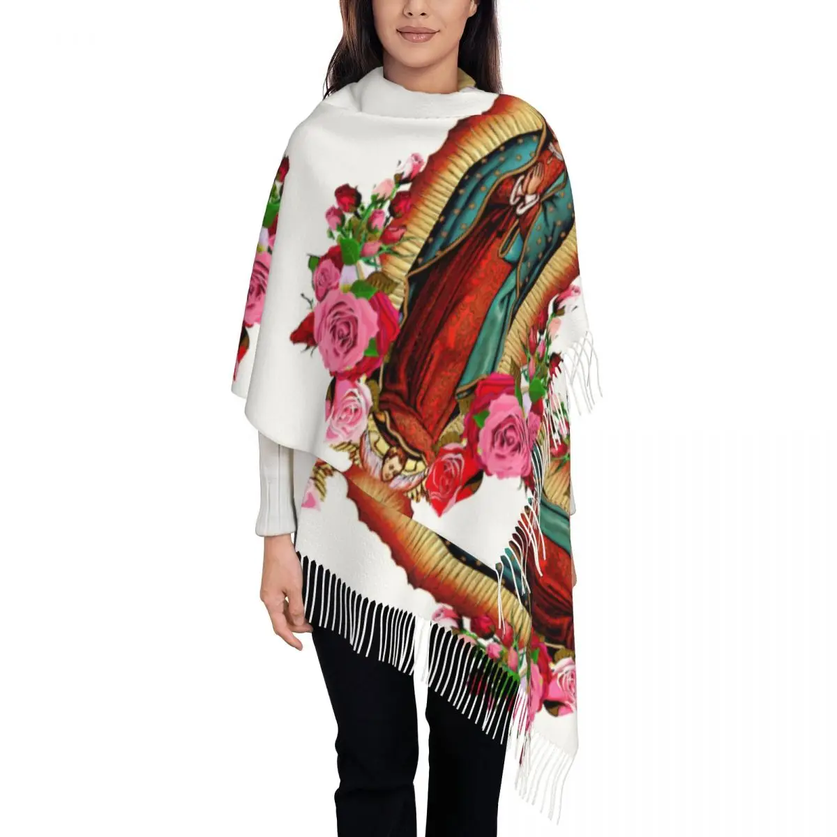 Our Lady Of Guadalupe Scarf for Women Warm Winter Pashmina Shawl Wrap Virgin Mary Long Large Scarves with Tassel Daily Wear