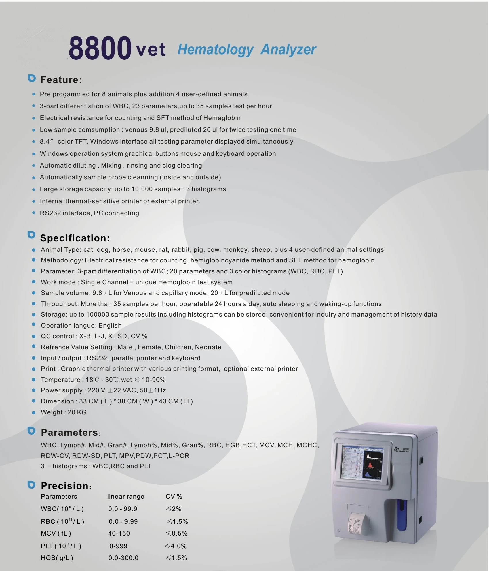 New Open System Animal Three Parts Veterinary Medical Laboratory Equipment 3 Part Auto Pet Clinical Use Hematology Analyzer