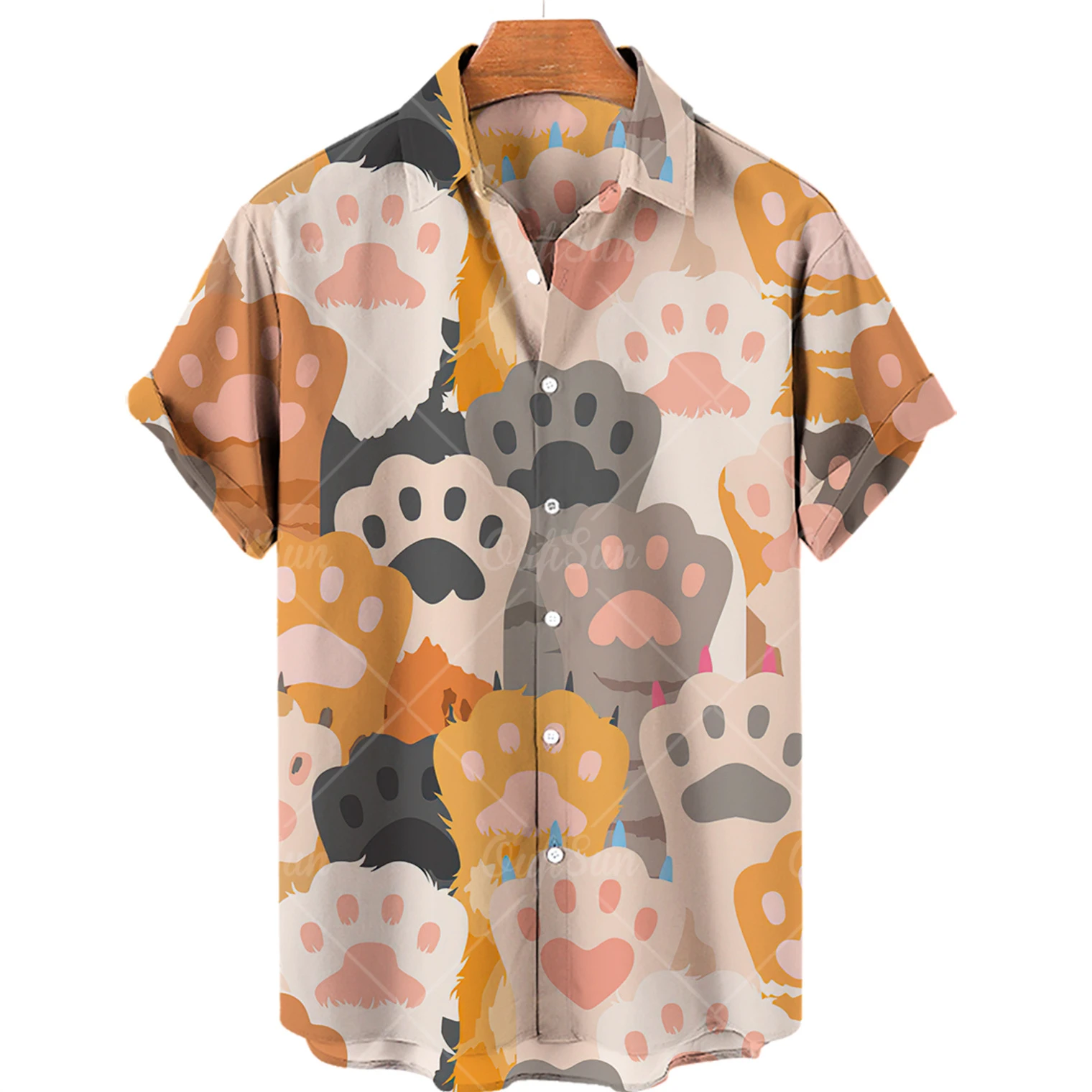 Hawaiian Short Sleeve Men\'s Shirt, Casual Shirt with Cute Cat Print, Lapel, V-neck, Beach, Summer, 5xl, 2022